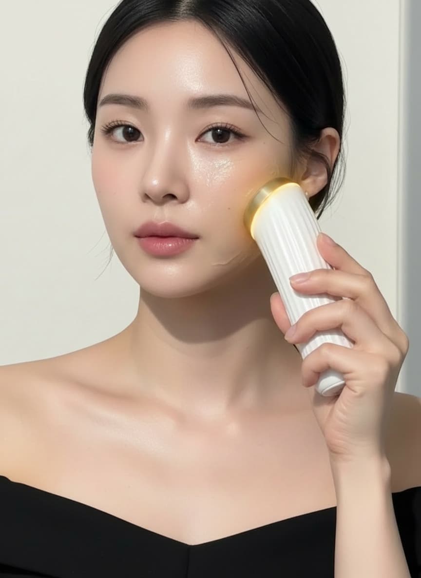 오로라더마샷 디바이스를 얼굴에 사용하는 모습