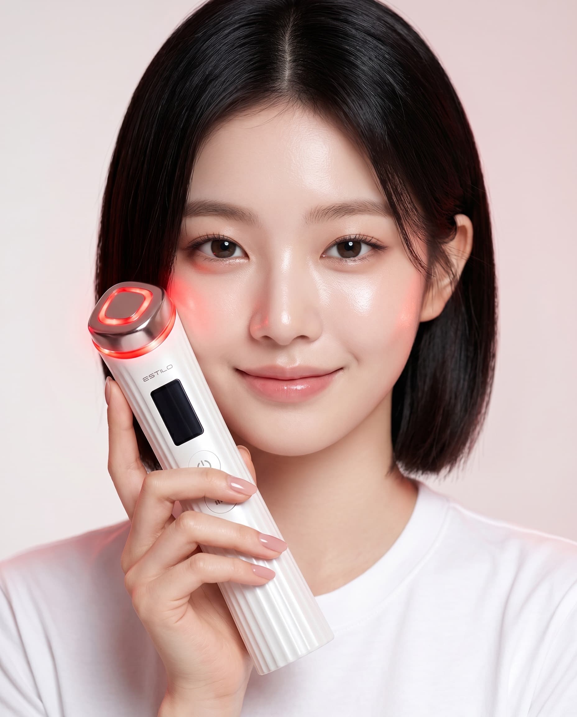 모델이 RED LED가 점등된 AURORA 디바이스를 얼굴 옆에 들고 있는 모습