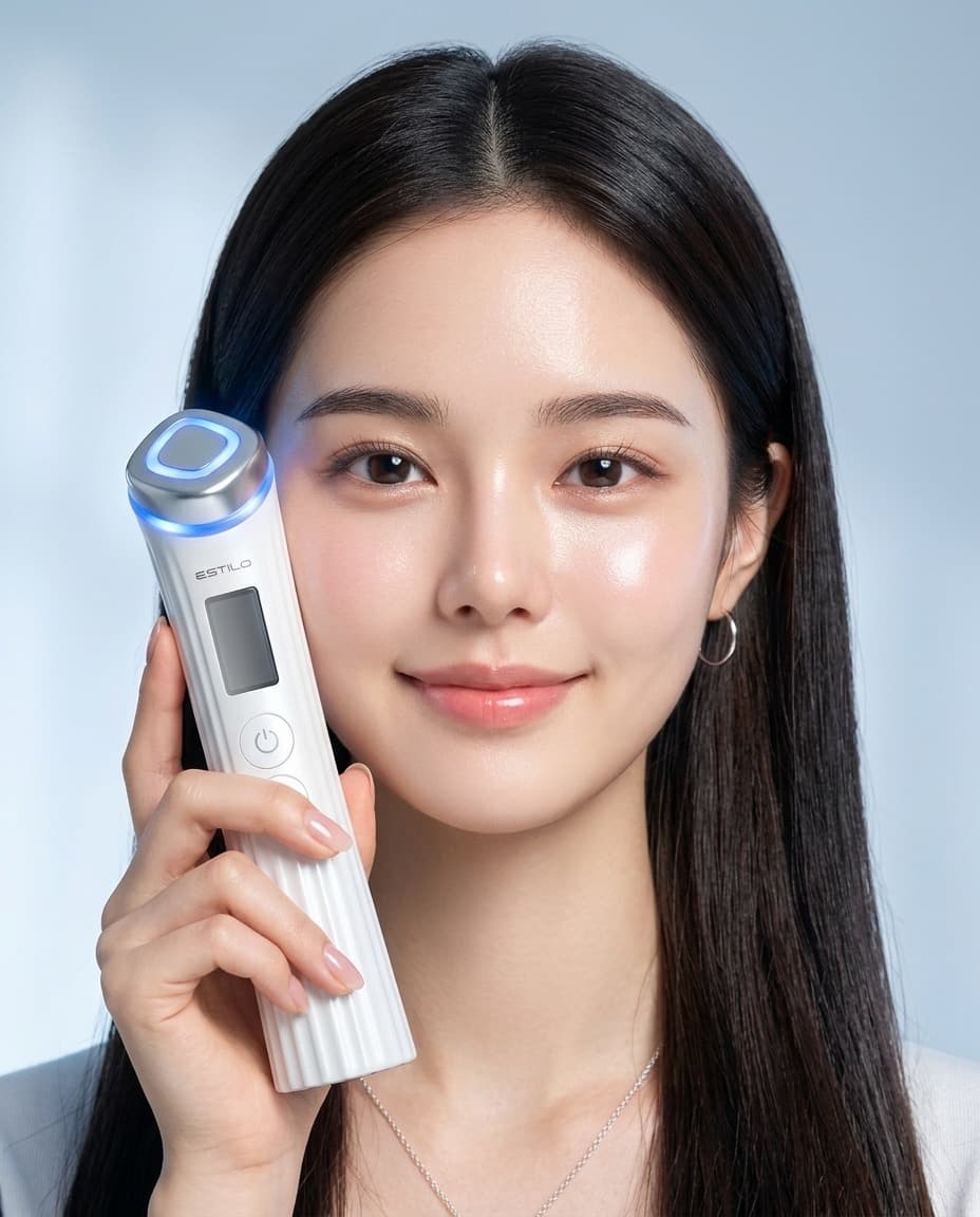모델이 BLUE LED가 점등된 AURORA 디바이스를 얼굴 옆에 들고 있는 모습