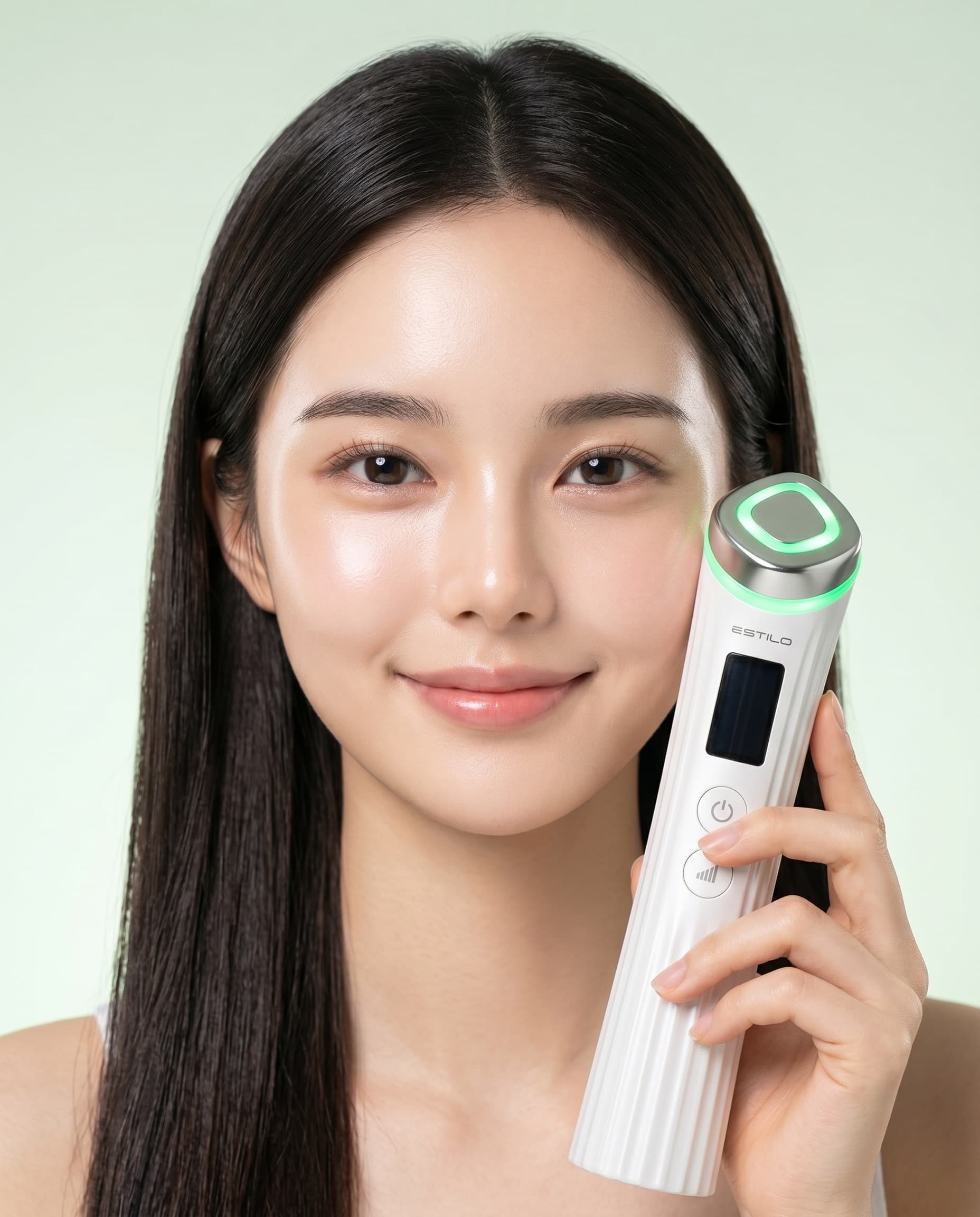 모델이 GREEN LED가 점등된 AURORA 디바이스를 얼굴 옆에 들고 있는 모습
