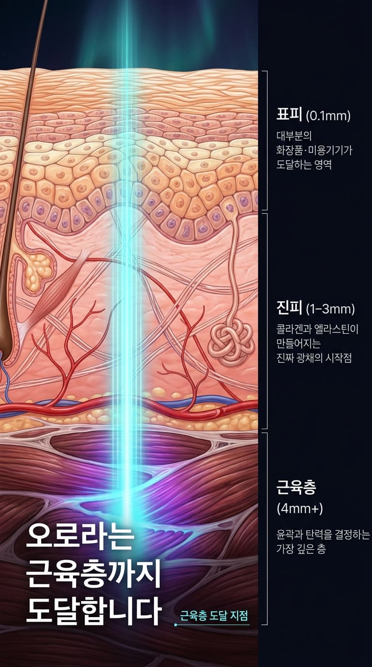 피부 단면 다이어그램. 오로라 광선이 피부 속 깊이 도달하는 모습.